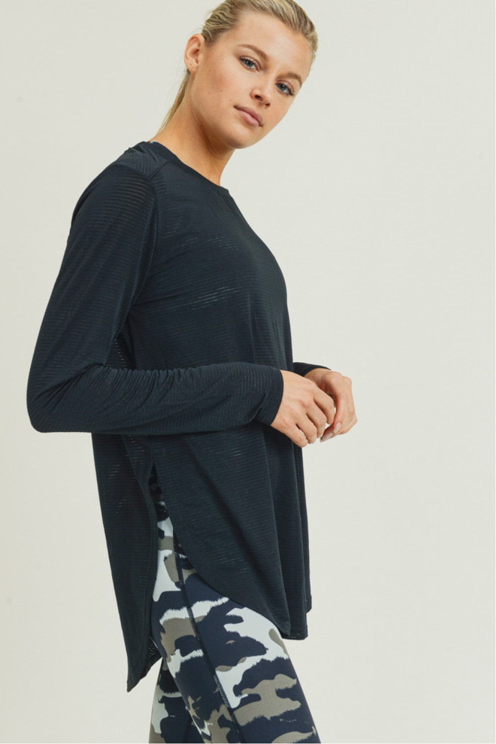 Ribbed Mesh Long Sleeve Flow Top