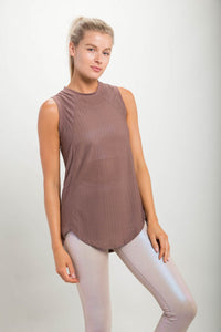 Striped Trellis Mesh Raglan Muscle Top